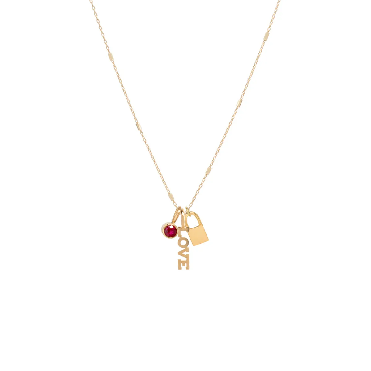 14k Gold LOVE Charm Necklace with a Padlock & Ruby