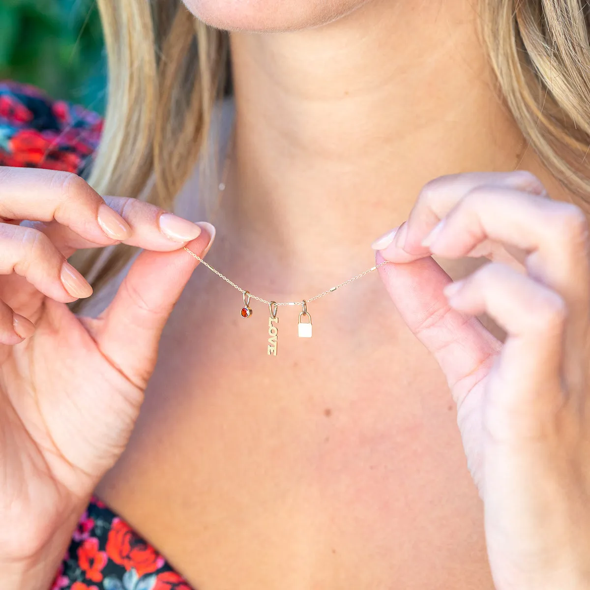 14k Gold LOVE Charm Necklace with a Padlock & Ruby
