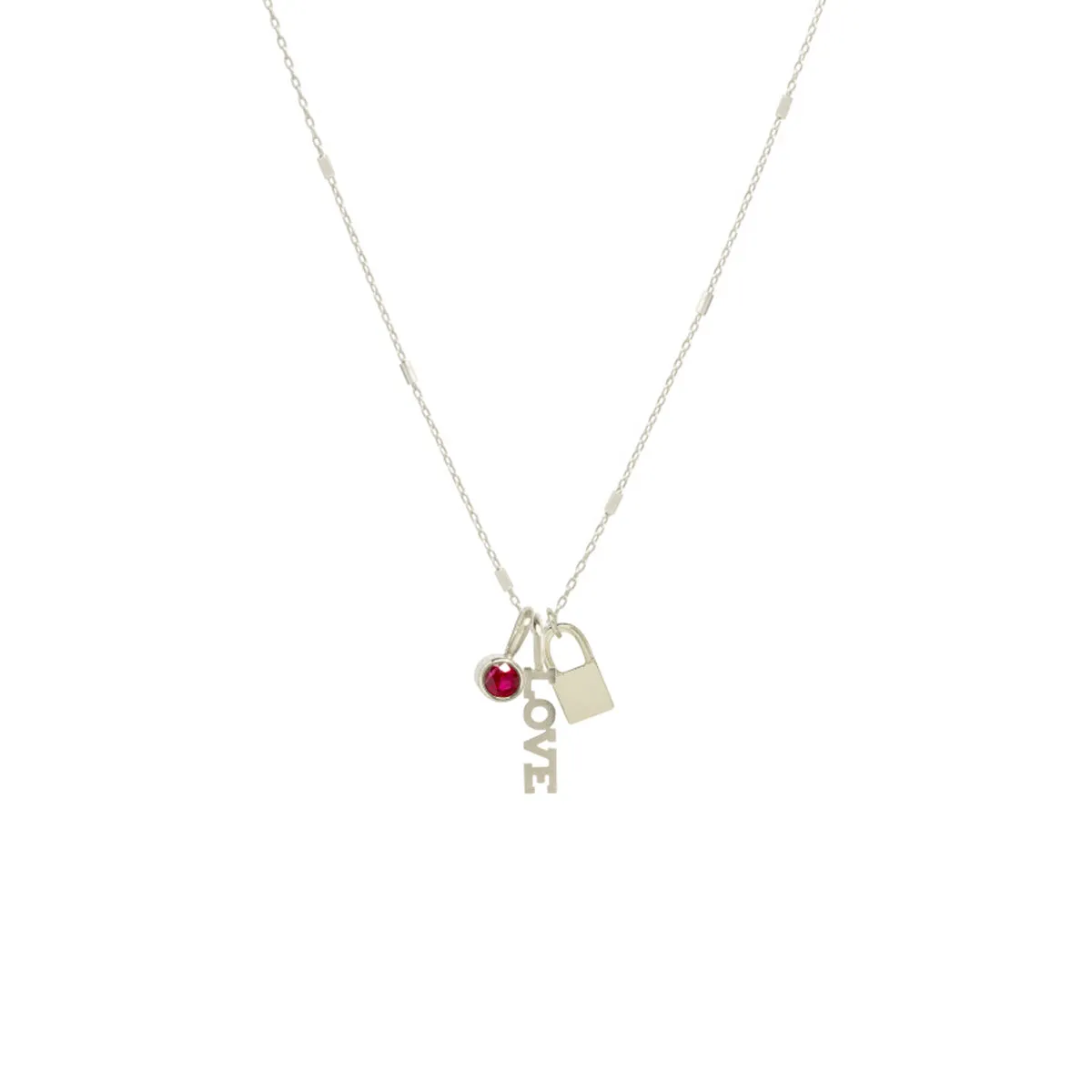 14k Gold LOVE Charm Necklace with a Padlock & Ruby