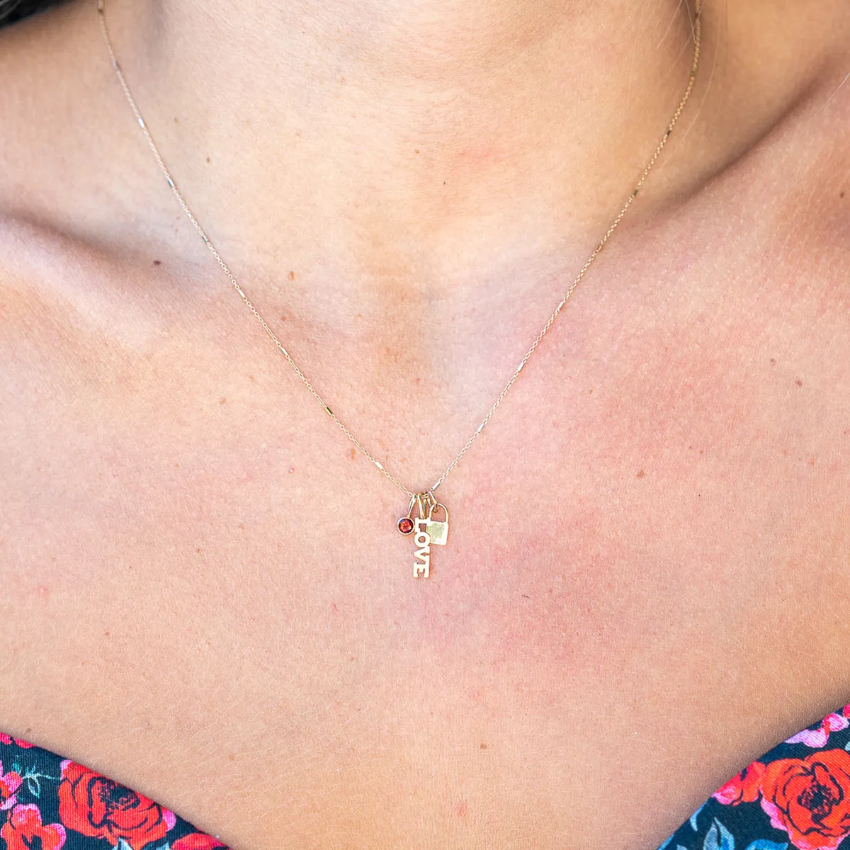 14k Gold LOVE Charm Necklace with a Padlock & Ruby