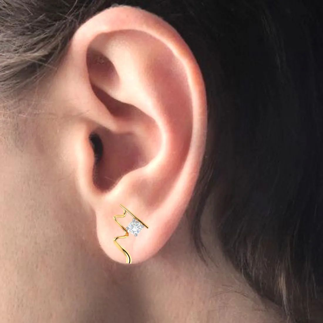 14k Wave Style Gold Earrings With American Diamonds