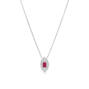 14K White Gold Ruby Diamond Art Deco Design Pendant Necklace