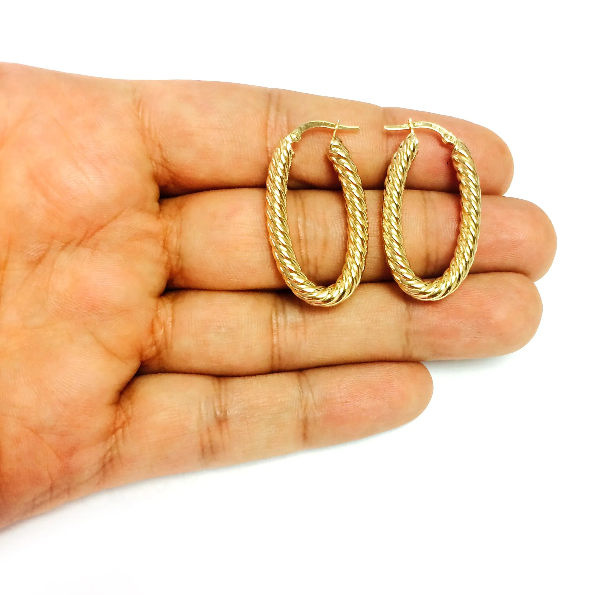 14K Yellow Gold Shiny Oval Shape Twists Hoop Earrings, Length 35mm