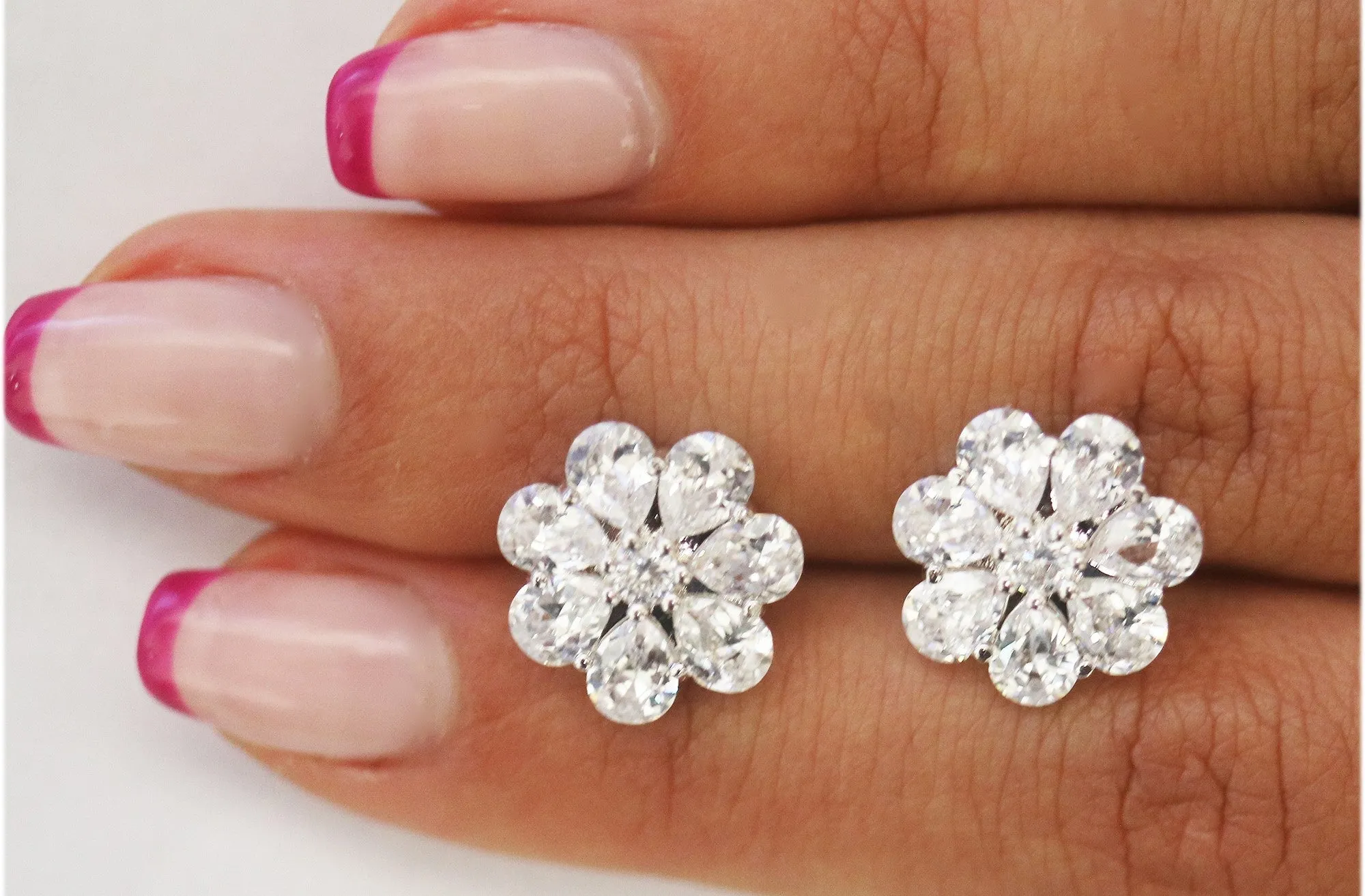 18k White Gold Plated Crystal Floral Stud Earrings by Donatello Gian