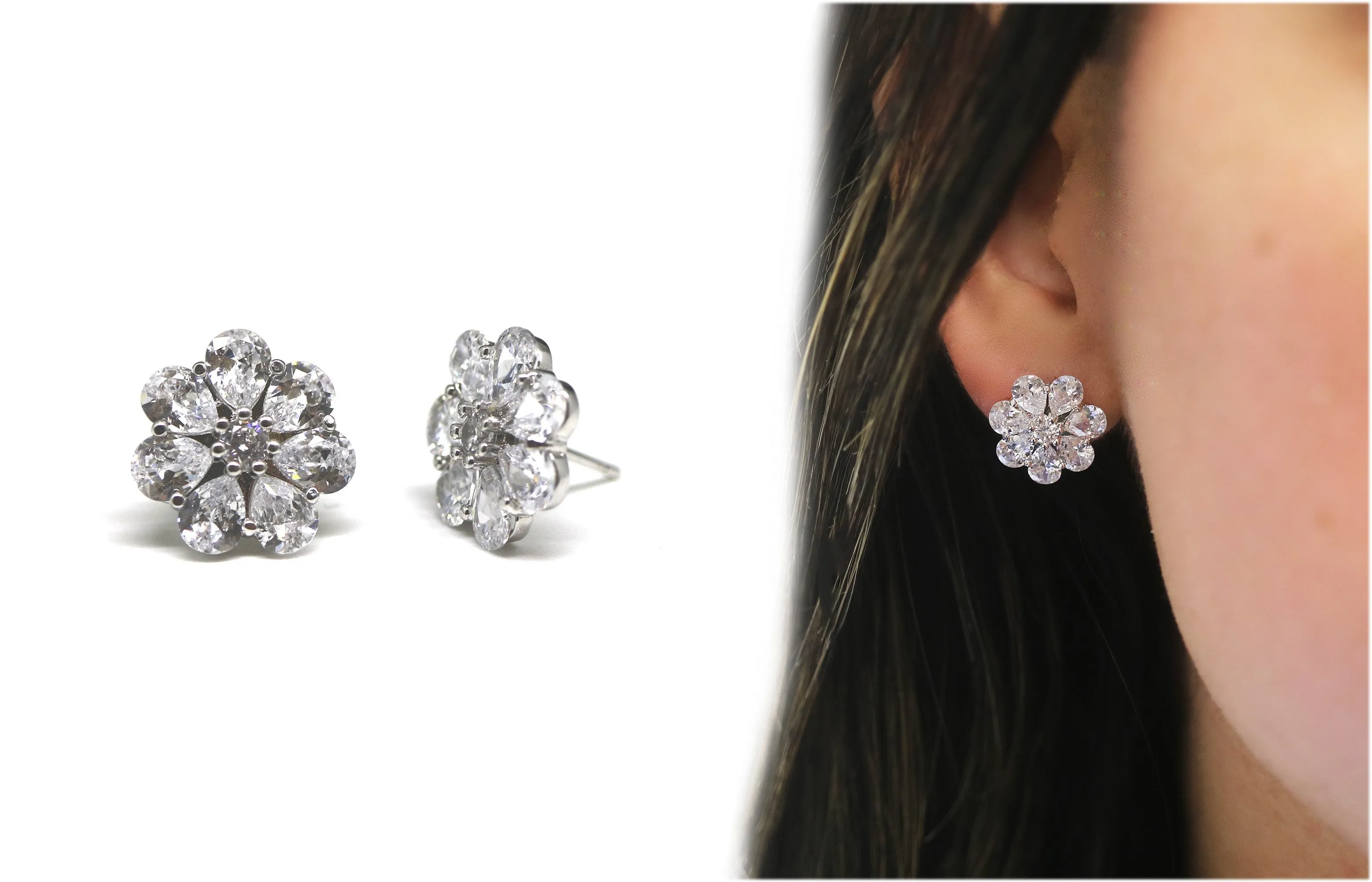 18k White Gold Plated Crystal Floral Stud Earrings by Donatello Gian