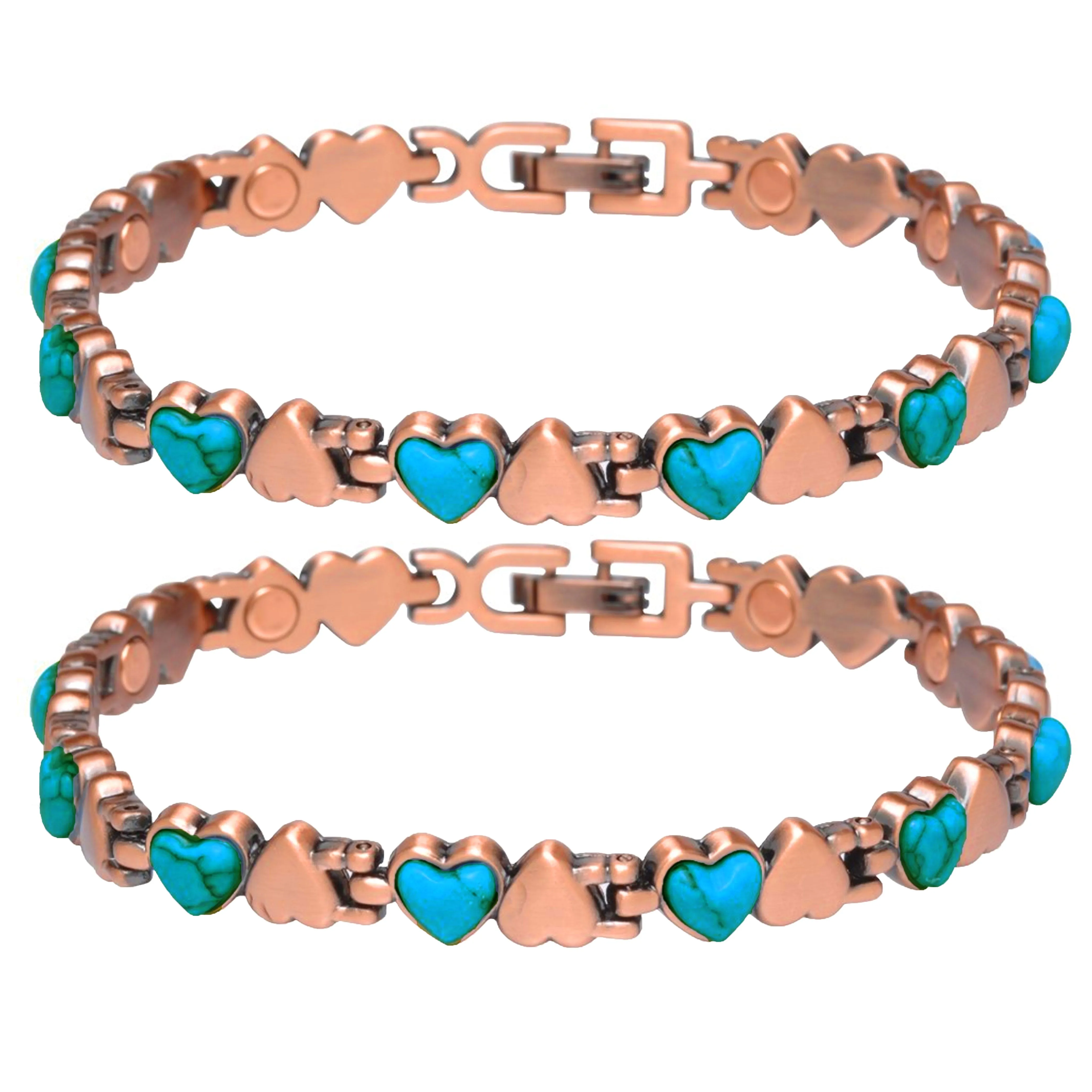 2 Turquoise Hearts Copper Magnetic Link Bracelet Healing Energy Pain Relief Gift