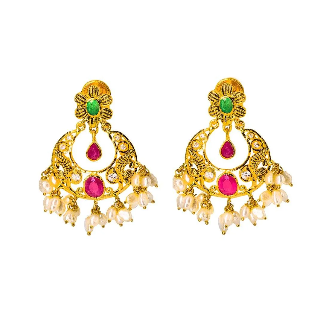 22K Yellow Gold Guttapusalu Necklace and Chandbali Earrings Set W/ Emeralds, Pearls, CZ , Rubies & Chandelier Pendant
