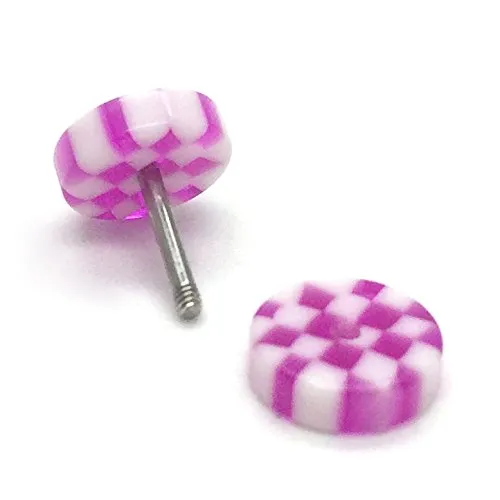 2pcs 8MM Black White Checker Circle Screw Stud Earrings for Men Women, Cheater Fake Ear Plug Gauge Tunnel