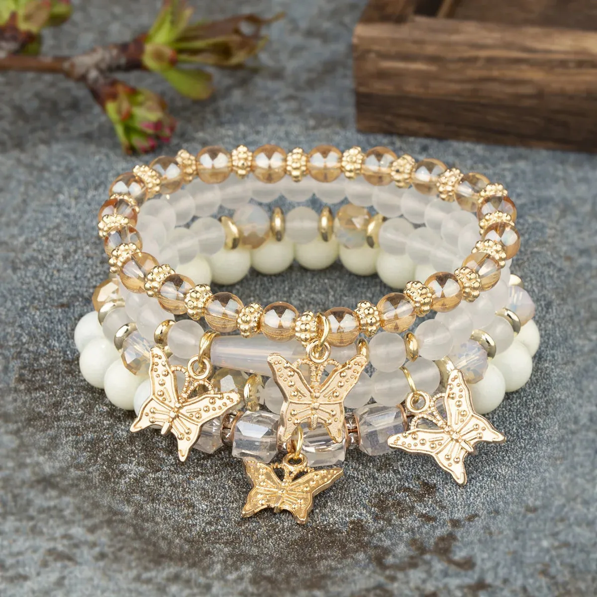 4-Piece Butterfly Bracelet Set for Women – Pink Beaded Elastic Bangles | Boho Party Jewelry Gift