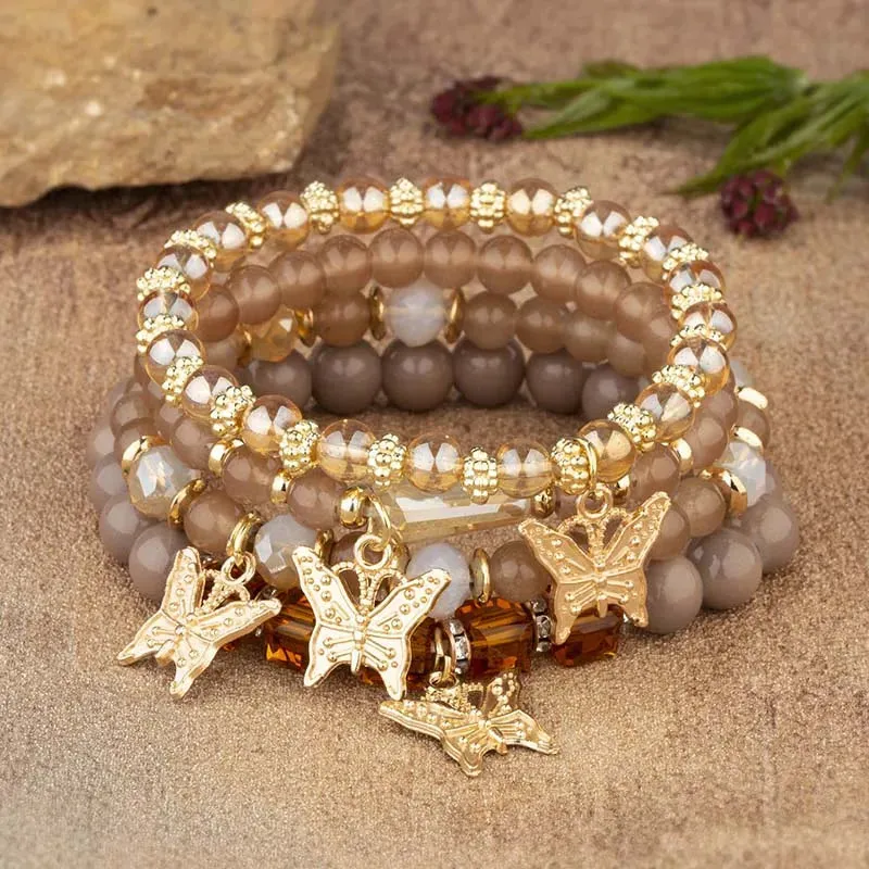 4-Piece Butterfly Bracelet Set for Women – Pink Beaded Elastic Bangles | Boho Party Jewelry Gift