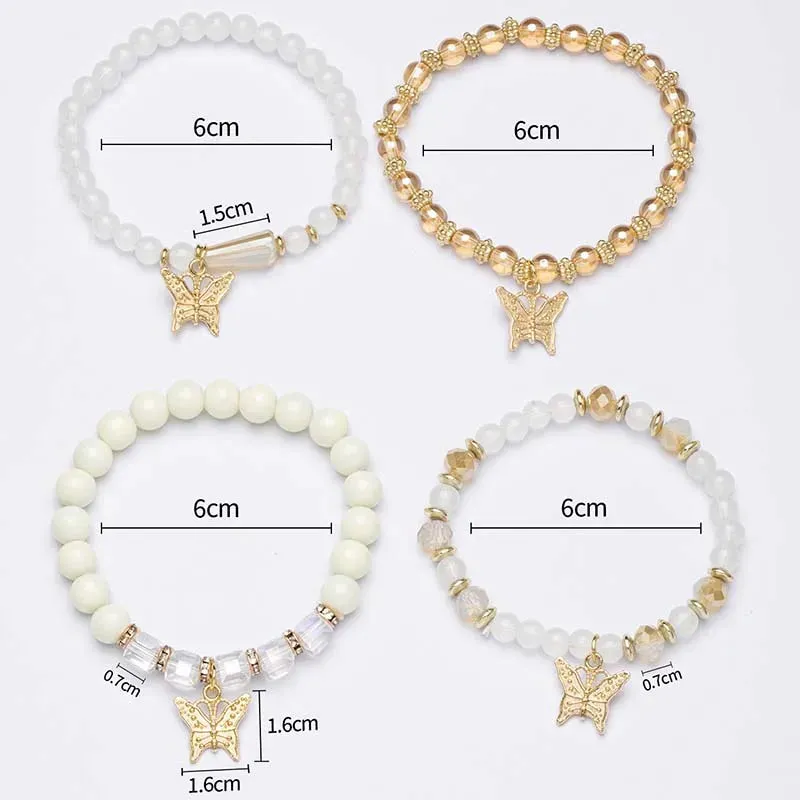 4-Piece Butterfly Bracelet Set for Women – Pink Beaded Elastic Bangles | Boho Party Jewelry Gift