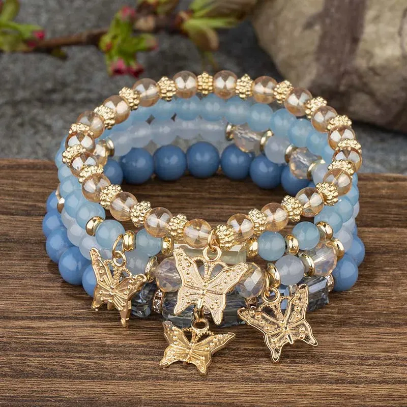 4-Piece Butterfly Bracelet Set for Women – Pink Beaded Elastic Bangles | Boho Party Jewelry Gift