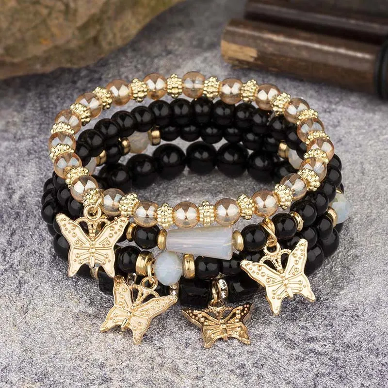 4-Piece Butterfly Bracelet Set for Women – Pink Beaded Elastic Bangles | Boho Party Jewelry Gift