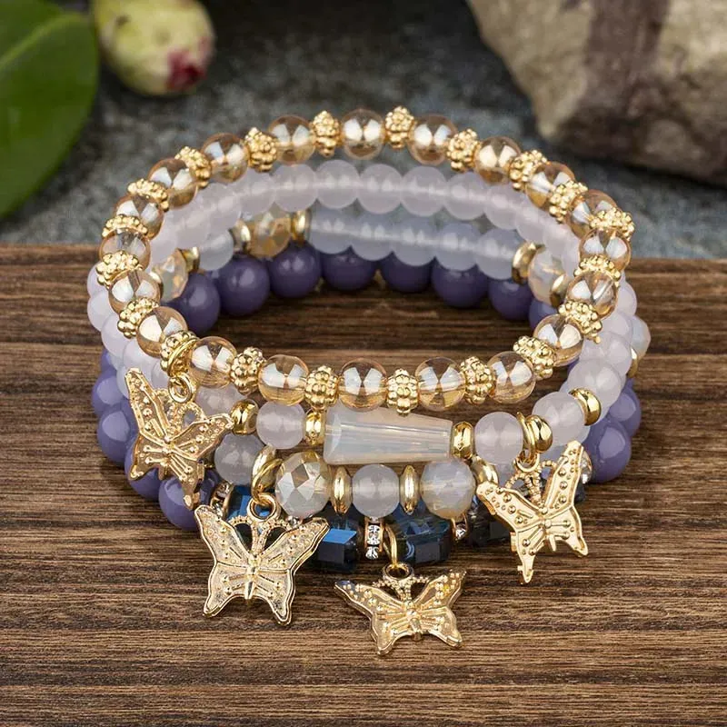 4-Piece Butterfly Bracelet Set for Women – Pink Beaded Elastic Bangles | Boho Party Jewelry Gift