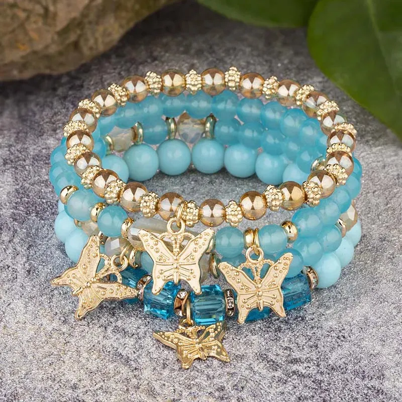 4-Piece Butterfly Bracelet Set for Women – Pink Beaded Elastic Bangles | Boho Party Jewelry Gift