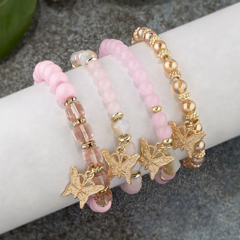 4-Piece Butterfly Bracelet Set for Women – Pink Beaded Elastic Bangles | Boho Party Jewelry Gift