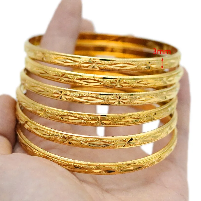 8MM 6Pcs/Lot Dubai Gold Bangles for Women Men 24k Color Ethiopian Bracelets African Jewelry Saudi Arabic Wedding Bride Gift