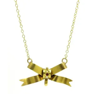 Antique Victorian Ruby Seed Pearl 9ct Yellow Gold Bow Gemstone Necklace