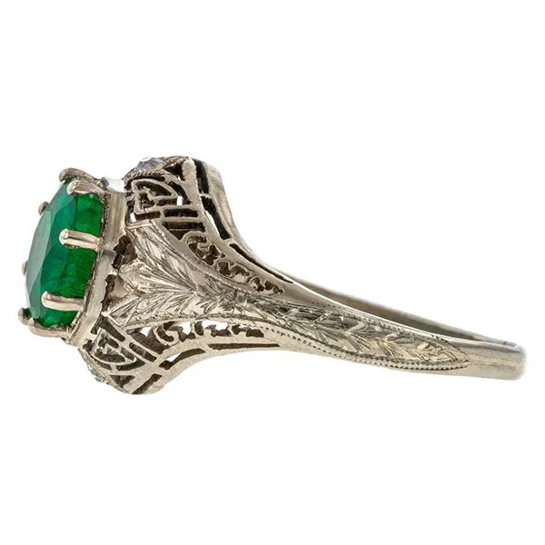 Art Deco Filigree Emerald Ring, 2.20ct