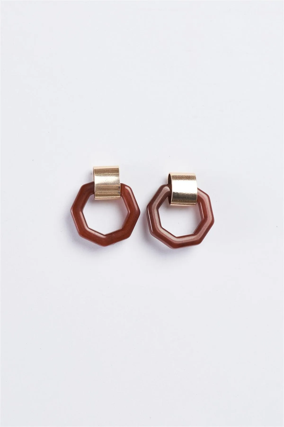 Brown & Gold Heptahedron Dangle Earrings