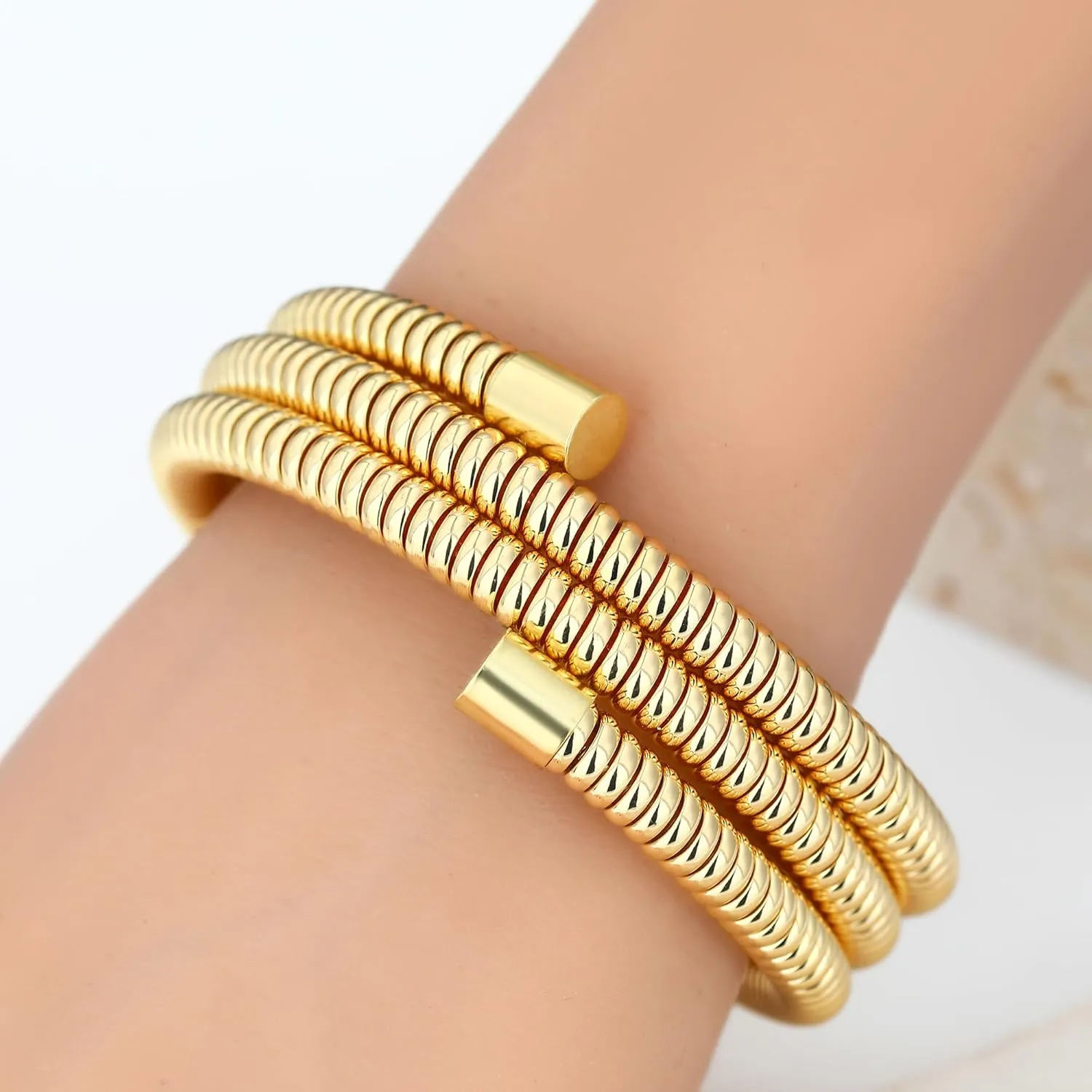 Chunky Gold Beaded Bangle Bracelet Set Stack for Women Men Stretchy Snake Link Chain Flexible Wide Wristband Bangles Bracelets