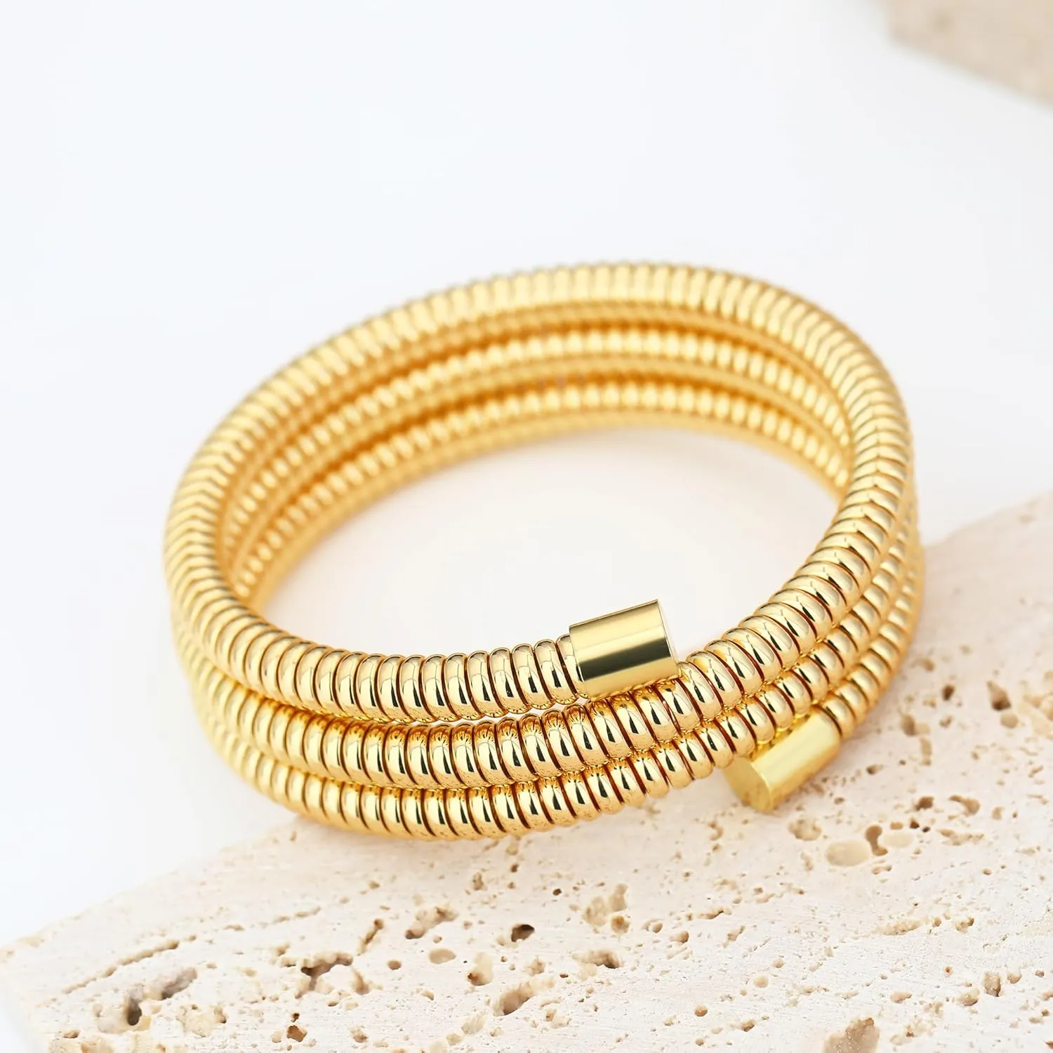 Chunky Gold Beaded Bangle Bracelet Set Stack for Women Men Stretchy Snake Link Chain Flexible Wide Wristband Bangles Bracelets