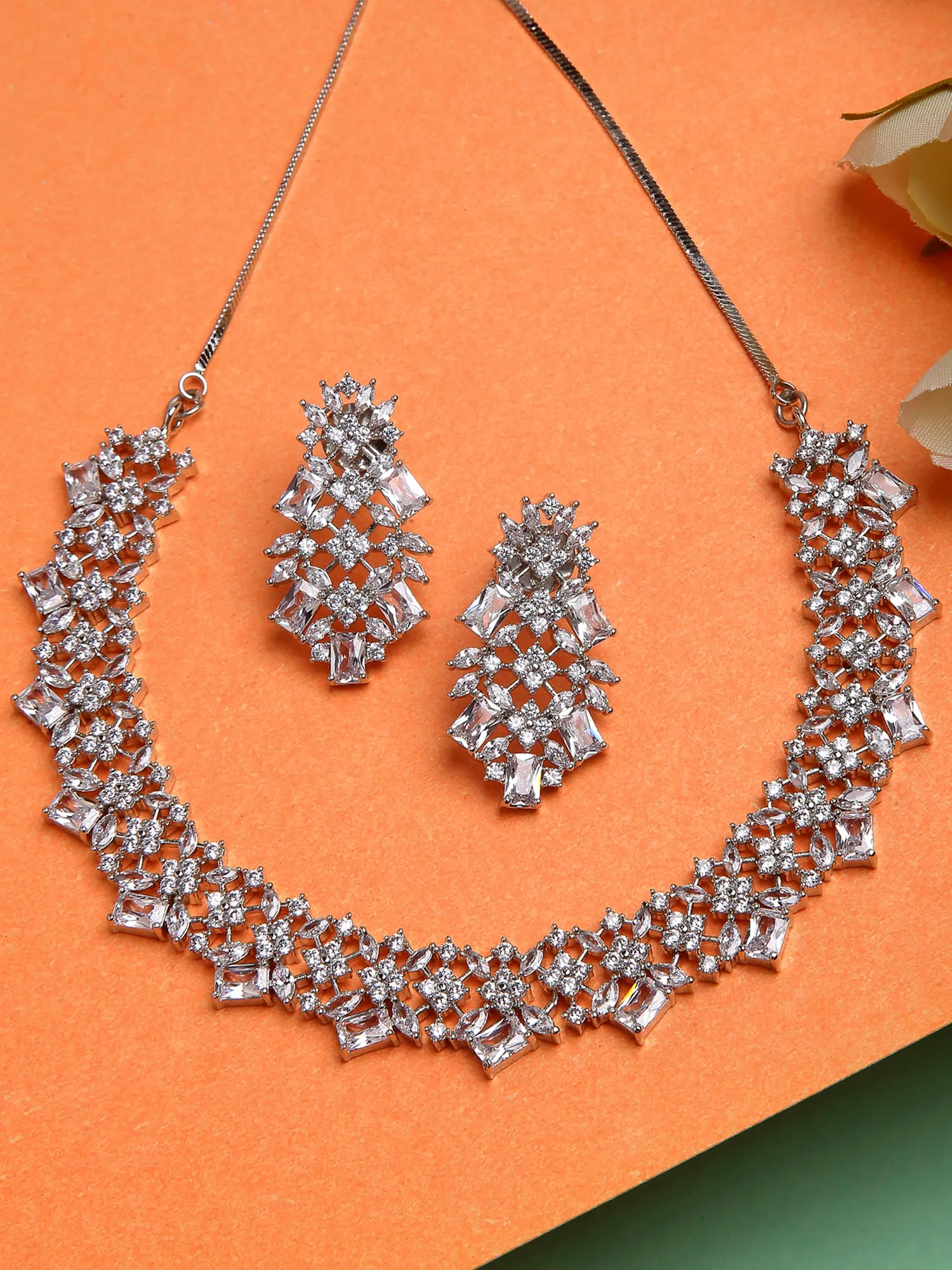 Contemporary Silver Toned American Diamond Jewellery Set