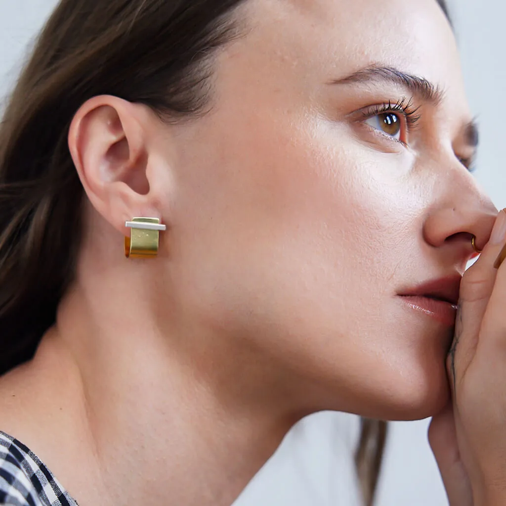 Dash Huggie Earrings - Brass and Sterling Silver