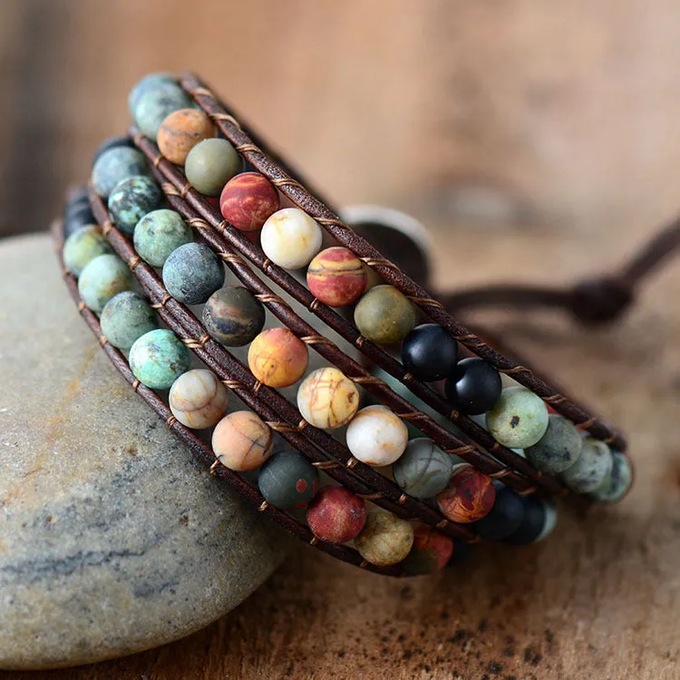 Frosted Stone Creative Beaded Hand-woven Leather Bracelet 6mm