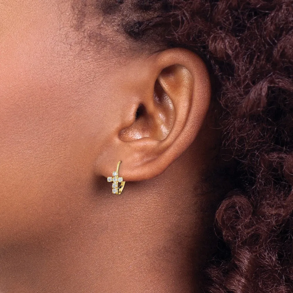 Gold CZ Polished Leverback Cross Earrings - Model YE2120
