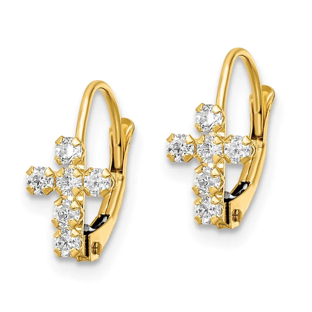 Gold CZ Polished Leverback Cross Earrings - Model YE2120