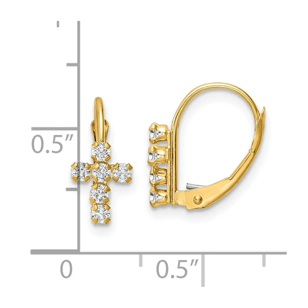 Gold CZ Polished Leverback Cross Earrings - Model YE2120