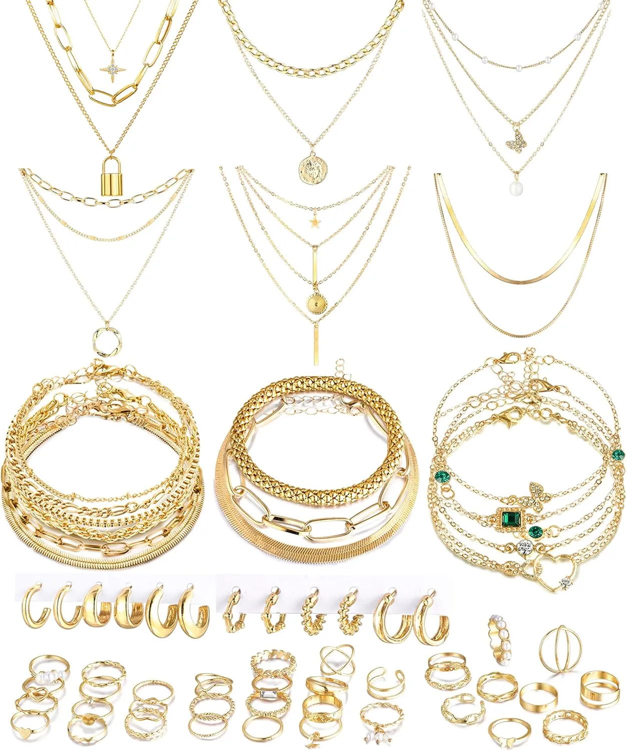 Gold Jewelry Set for Women Costume Jewelry Gold Plated Necklace Bracelet Stackable Rings Earrings Pack for Women