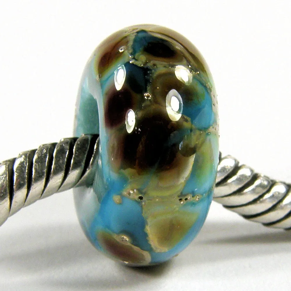 Handmade Large Hole Lampwork Beads, Euro Style Light Turquoise Blue Silver