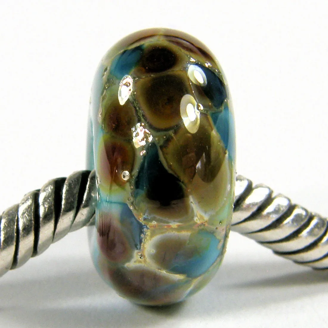 Handmade Large Hole Lampwork Beads, Euro Style Light Turquoise Blue Silver