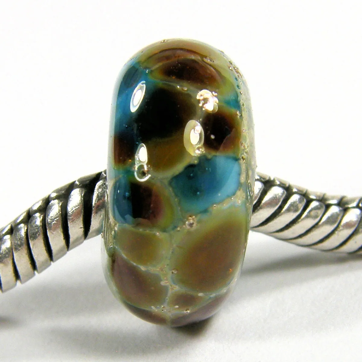 Handmade Large Hole Lampwork Beads, Euro Style Light Turquoise Blue Silver
