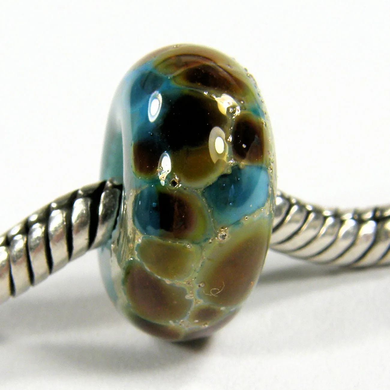 Handmade Large Hole Lampwork Beads, Euro Style Light Turquoise Blue Silver