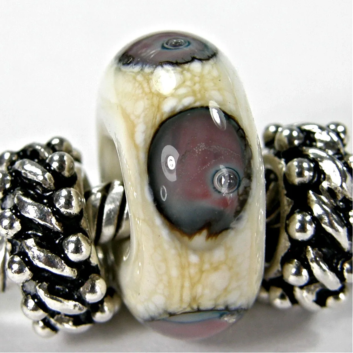 Handmade Large Hole Lampwork Beads, Glass Charm Ivory Copper Green Dots