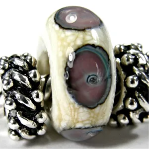 Handmade Large Hole Lampwork Beads, Glass Charm Ivory Copper Green Dots