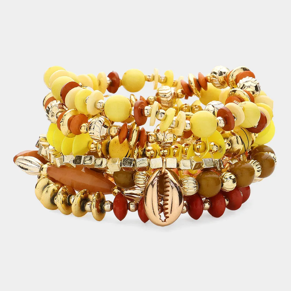 iLLASPARKZ 8PCS - Metal Tree Of Life Dolphin Puka Shell Charm Pointed Various Beads Beaded Stretch Multi Layered Bracelets