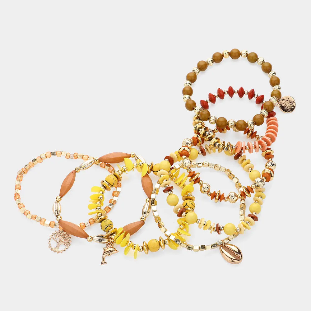 iLLASPARKZ 8PCS - Metal Tree Of Life Dolphin Puka Shell Charm Pointed Various Beads Beaded Stretch Multi Layered Bracelets