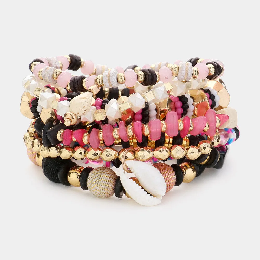 iLLASPARKZ 8PCS - Shell Metal Heart Charm Multi Beads Beaded Layered Bracelets