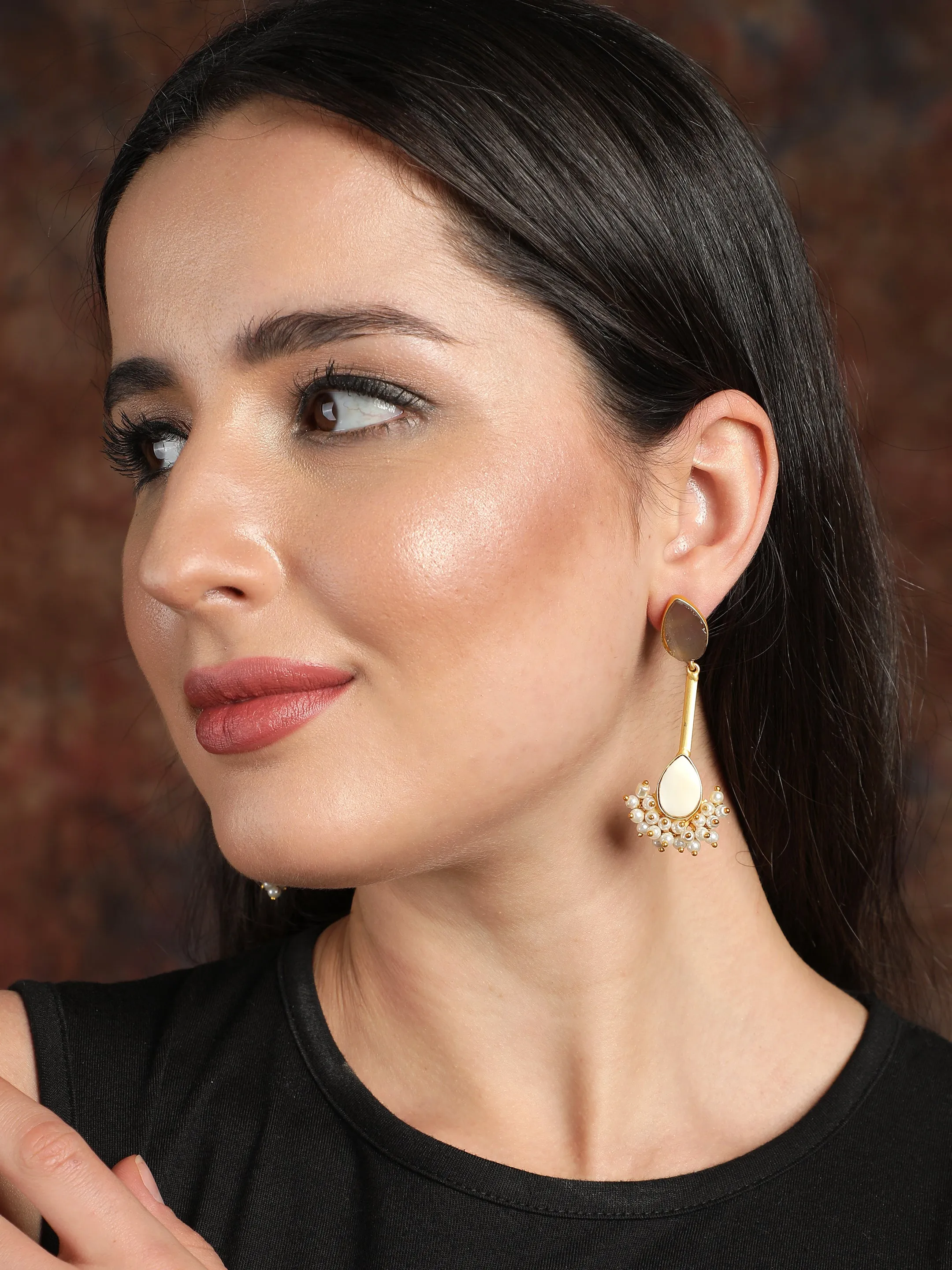 Ishin Gold Plated Stone Contemporary Shaped Drop Earing