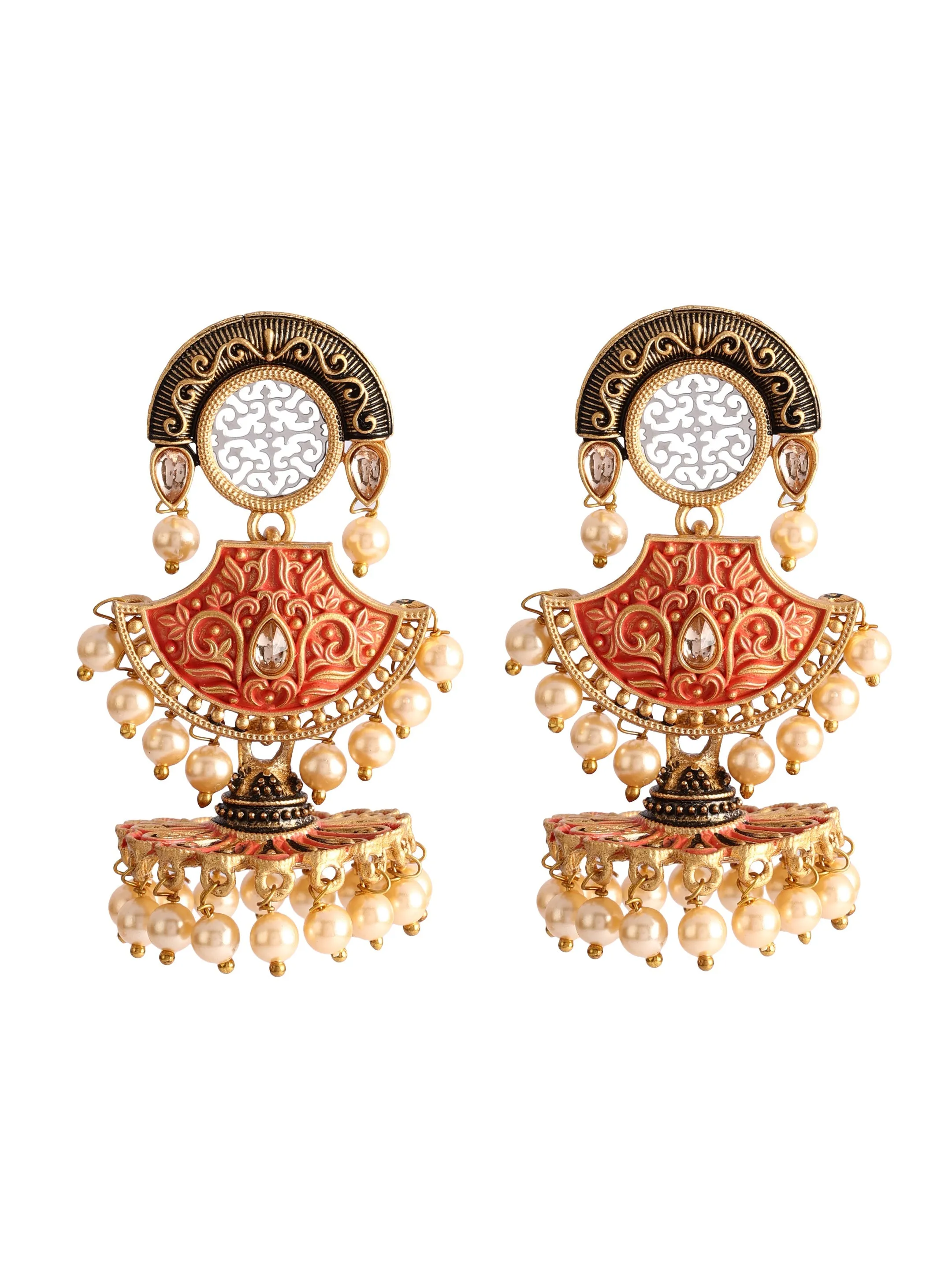 Ishin Gold Toned Orange Meenakari Contemporary Shaped Jhumka