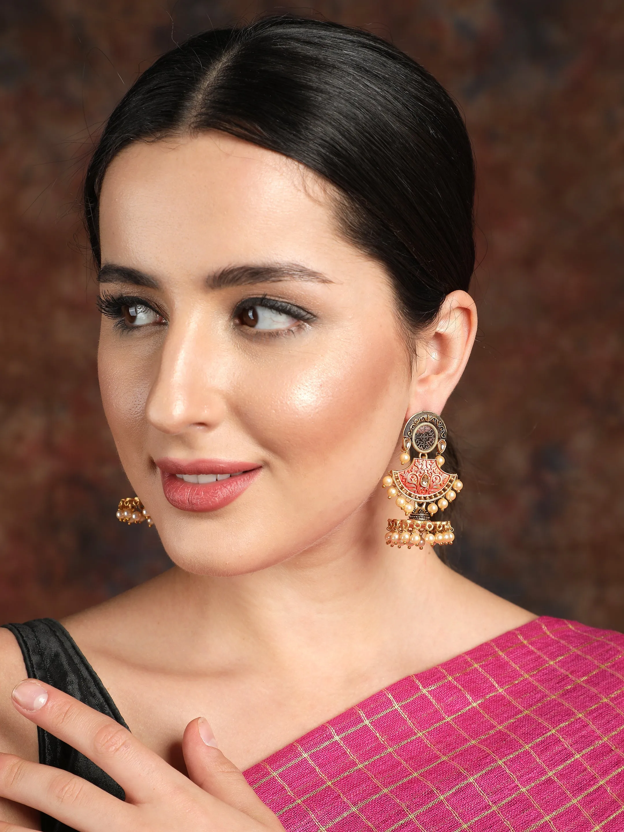 Ishin Gold Toned Orange Meenakari Contemporary Shaped Jhumka