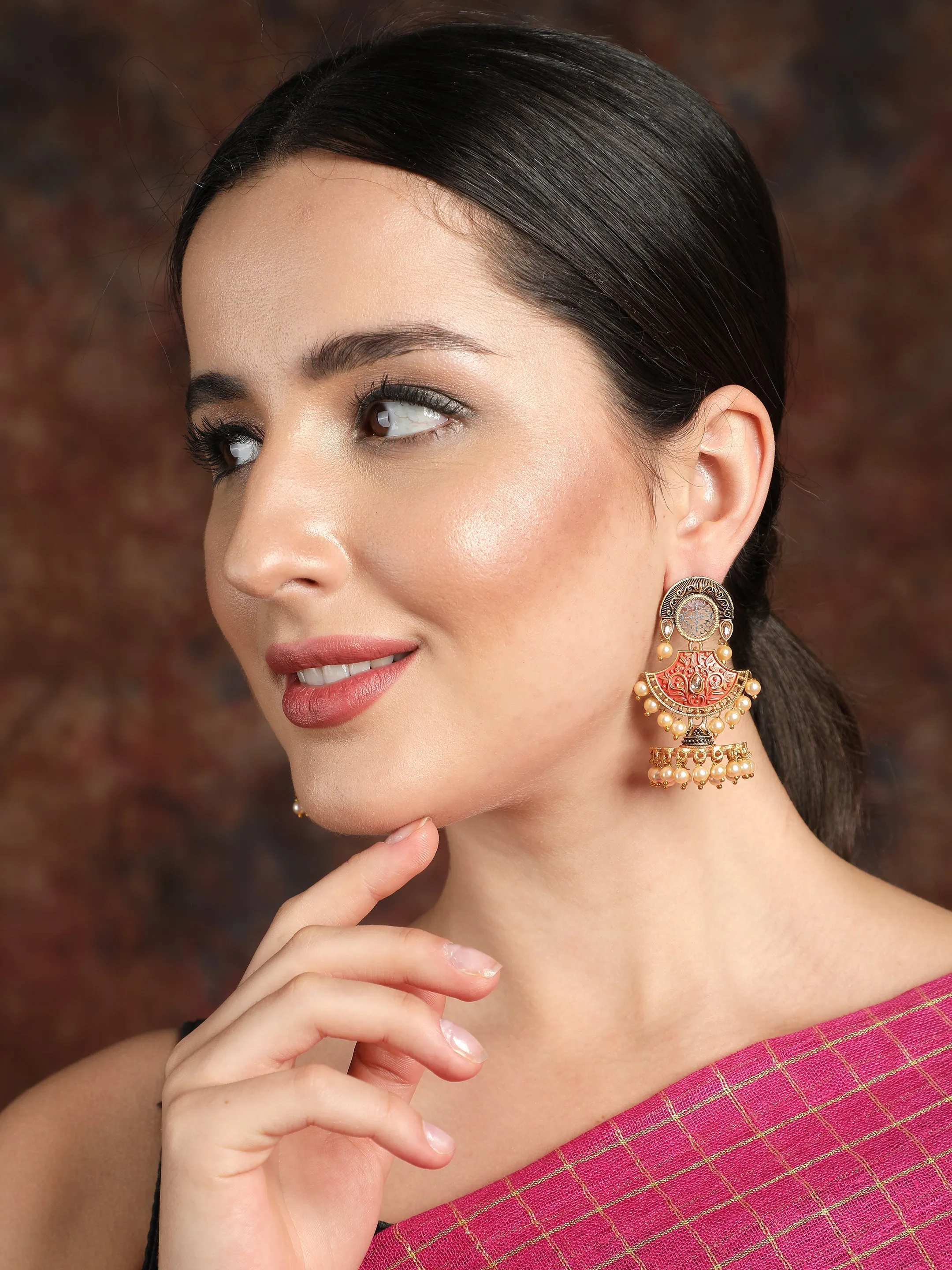 Ishin Gold Toned Orange Meenakari Contemporary Shaped Jhumka