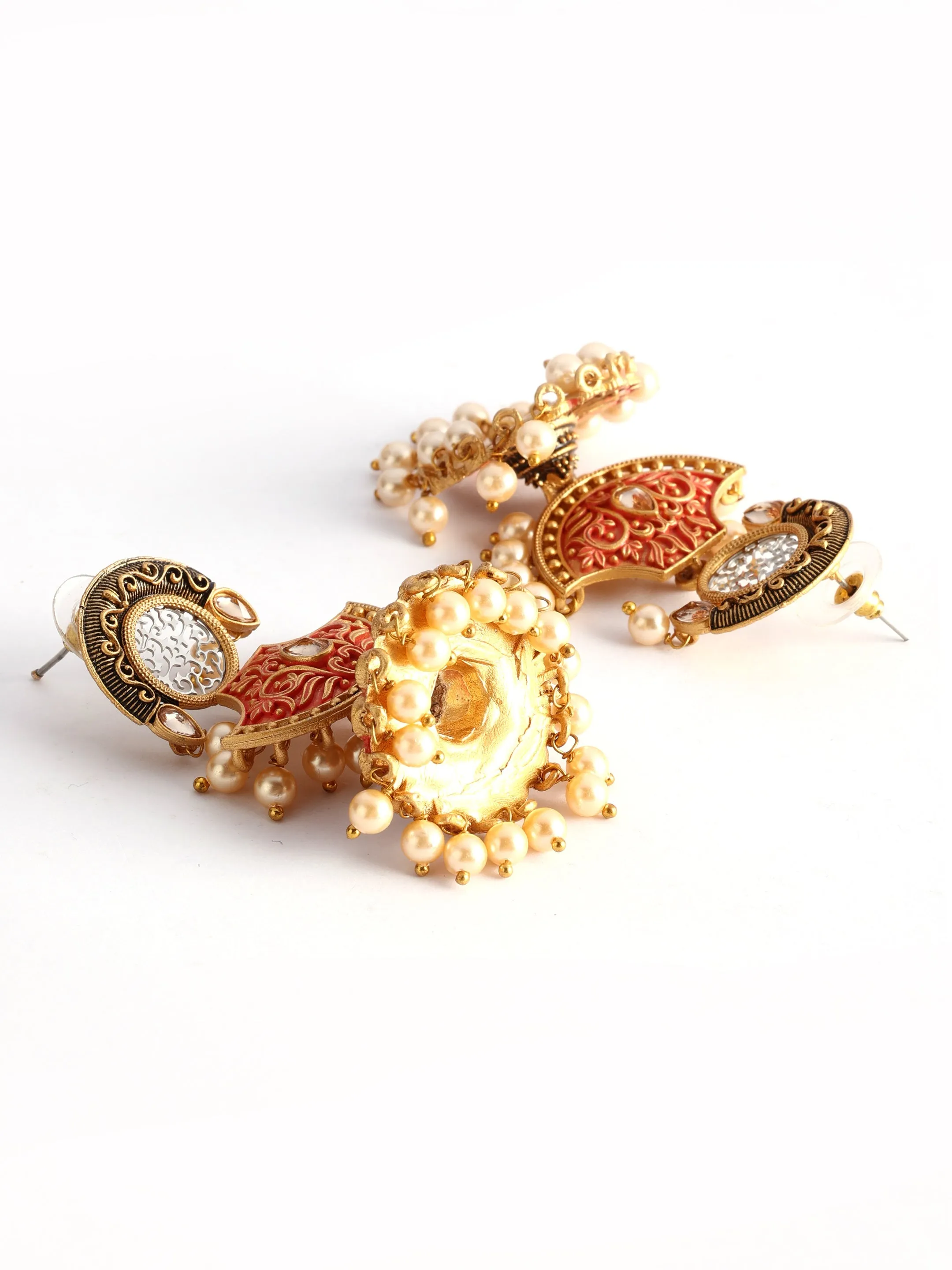 Ishin Gold Toned Orange Meenakari Contemporary Shaped Jhumka