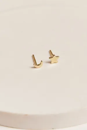 Moon and Star Stud Earrings Gold