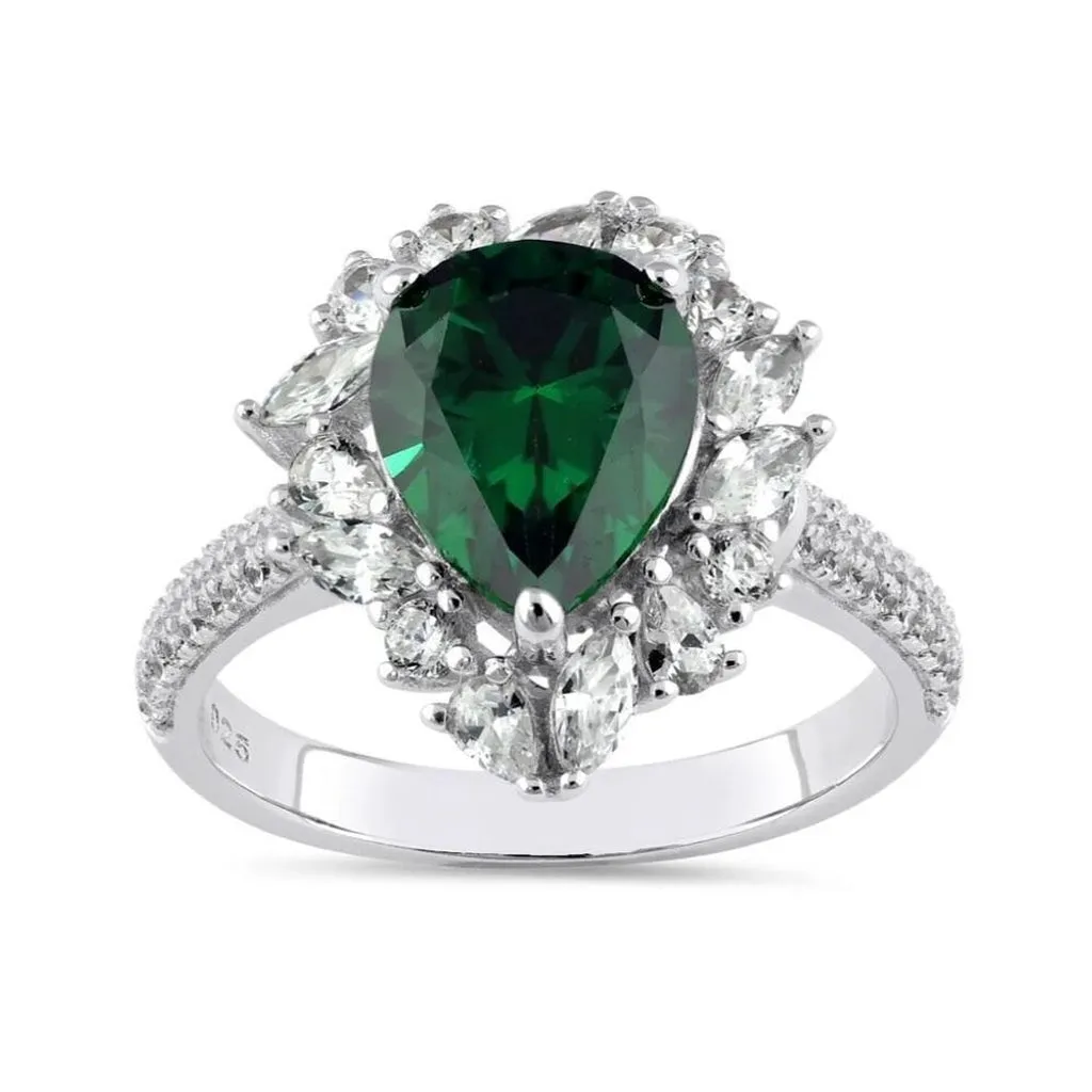 New SterlingSilver Pear Cut Emerald CZ Halo Ring Size 10