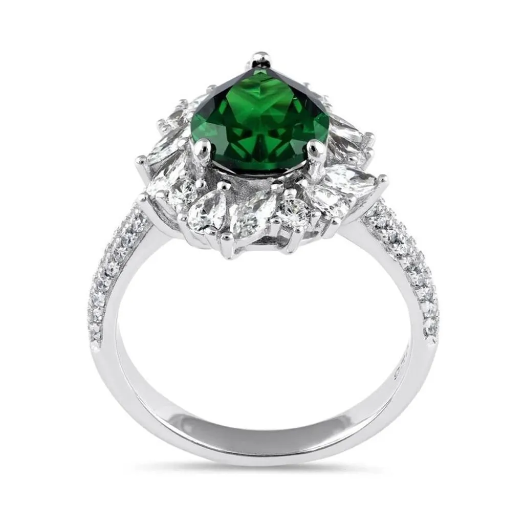 New SterlingSilver Pear Cut Emerald CZ Halo Ring Size 10